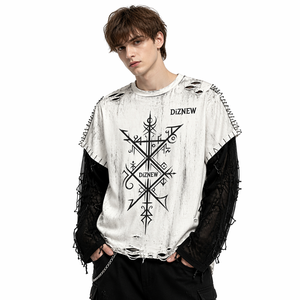 Camiseta Gruesa Blanca Lavada IZNEW con Estampado de Totem de Brújula y Runas Vikingas, Hombro Ovalado, Manga de Malla con Rasgaduras, Hilo con Flecos, Estilo Gótico, Unisex, Personalizada OEM - Product Image 3