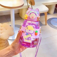Bouteille d'eau en plastique pour enfants la plus vendue avec paille, motifs mignons, 600 ml, en PC, sans BPA, avec couvercles, idéale pour l'école