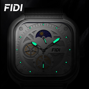 Reloj de Cuarzo Cuadrado para Hombre FIDI, Fase Lunar, Multifunción, Correa de Acero Inoxidable de Malla, Reloj de Pulsera Casual de Negocios a la Moda - Product Image 4