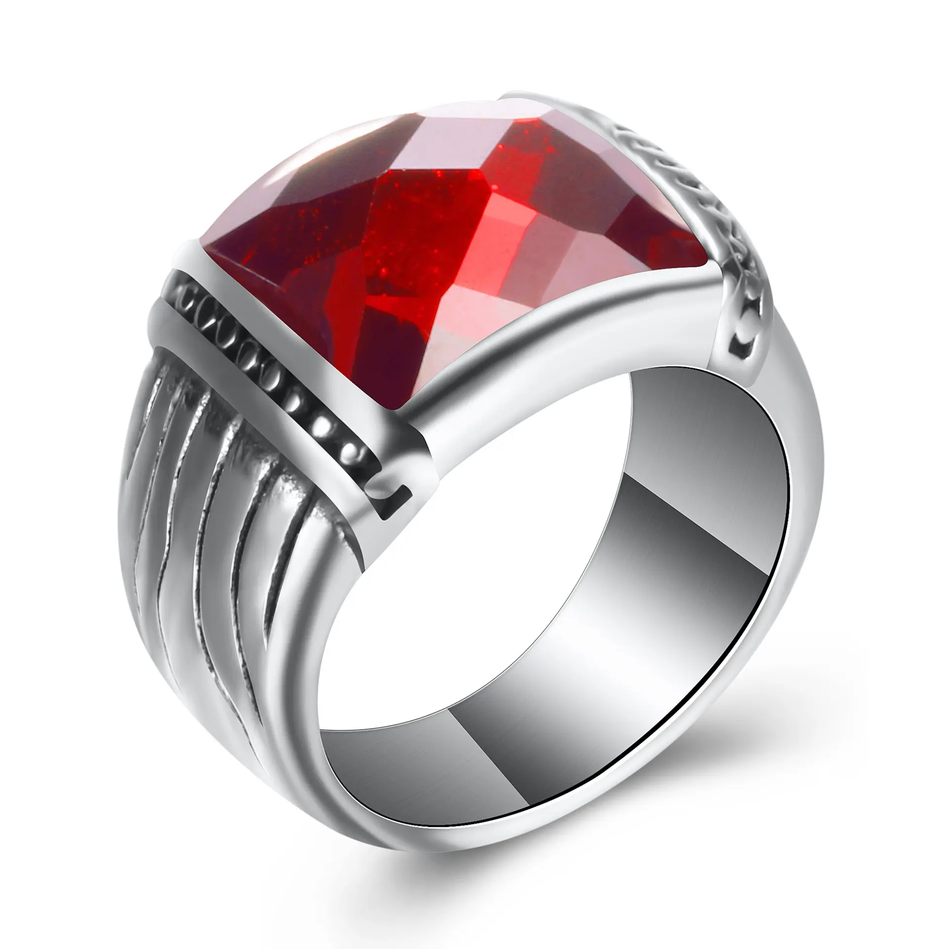 แหวนผู้ชายวินเทจสแตนเลสหลายเหลี่ยมเพชรพลอยสีดำสีแดงแหวนผู้ชายเครื่องประดับแฟชั่น