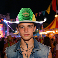 Cappello da Cowboy Luminoso con Paillettes Viola, Verde e Oro per Costume di Carnevale Mardi Gras
