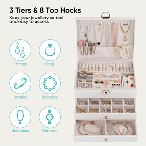 3-Tier Leather Jewelry <b>Box</b> with Lock Large Jewelry Organizer with <b>Drawers</b> for Rings Necklaces & Earrings - Product Image 3