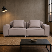 Würfelförmiges Ledersofa 3-Sitzer Kontrastnähte Armlehne Quadratisches Rückenkissen Schlanke Metallbeine Modernes Wohnzimmer Hotel Villa