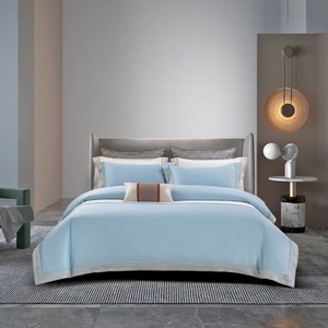 Parures de lit 100 % coton, tailles <span class=keywords><strong>Queen</strong></span> et King, bleu uni avec motif imprimé, style simple, drap plat - Product Image 1