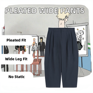 Pantaloni larghi da uomo Casual in cotone in saia a pieghe pantaloni larghi con chiusura a cerniera a vita media con chiusura a cerniera rilassata a botte - Product Image 2