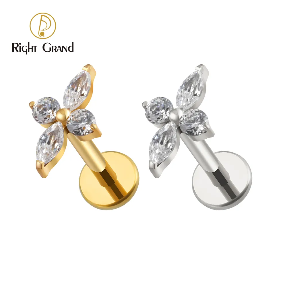 Right Grand ASTM F136 Juego de puntas de titanio CZ Flor Marquesa Stud Pendiente Tragus Helix Cartílago Piercing