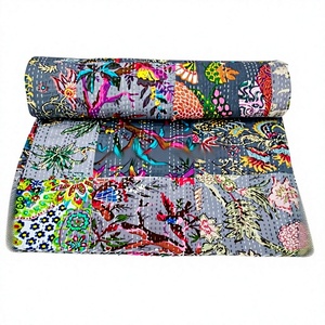 Indian Kantha Quilt Handmade Kantha Bedcover Indian Block Printed Bedspread Throw Cotton Blanket Gudari Kantha queen/twin Size - Product Image 1