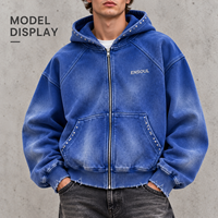 ODM/OEM Personnalisé Sweat à capuche pour homme en molleton bouclette, entièrement zippé, coupe courte, style streetwear, délavé à l'acide, effet vieilli et effiloché, avec broderie et clous