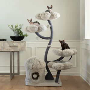 Grey Wood Floral Cat House Tree Tower Wooden Cat Tower Modern Cat Climbing Tree