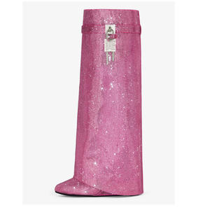 รองเท้าส้นสูงผู้หญิงหัวแหลมทรงถังยาว, รองเท้าส้นเตารีดหนังแท้เพิ่มความสูงความสูงความสูงรองเท้าบูทหุ้มข้อแบบสวมหัว - Product Image 1