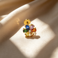 Anting-anting labret titanium berlapis emas ASTM F136 bentuk bunga, kualitas implan, ulir, untuk bibir, hidung, telinga, dengan zircon warna-warni, cocok untuk hadiah