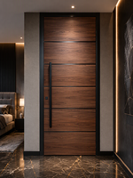 Porte intérieure à grain de bois avec incrustation de ligne noire, poignée longue, porte plate moderne pour villa, appartement, hôtel, chambre à coucher