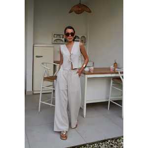 Conjunto de Traje de Lino para Mujer, Color Beige, Transpirable, Pantalones Anchos, Top sin Mangas, 100% Tejido Natural - Product Image 6