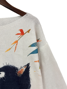 Damen Schwarzer Katzen- & Vogel-Strickpullover 2026 Künstlerischer Erzählungs-Jumper 100% Polyester Digitaldruck Lässiges Weißes Langarm-Oberteil - Product Image 6