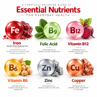 Capsules de fer, acide folique, vitamines B12 et B6, zinc, marque privée OEM, pour adultes, nutrition des globules rouges, compléments alimentaires, vente en gros