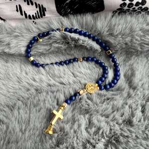 Bracelet magnétique fait main en lapis-lazuli de 4 mm, chapelet complet de 5 décades, médaille miraculeuse, cadeau catholique - Product Image 2