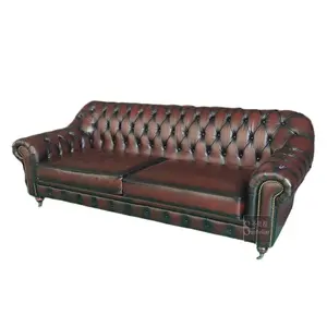 Hot sale french antique brown leather sofa tufted chesterfield sofa 321 high end vintage genuine leather living room sofa set