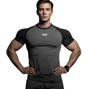 Men's Slim Fit Raglan Sleeve T-Shirt Solid Color Quick Dry Sporty O-Neck Knitted Polyester Workout Tee Front <b>Logo</b> - Product Image 1