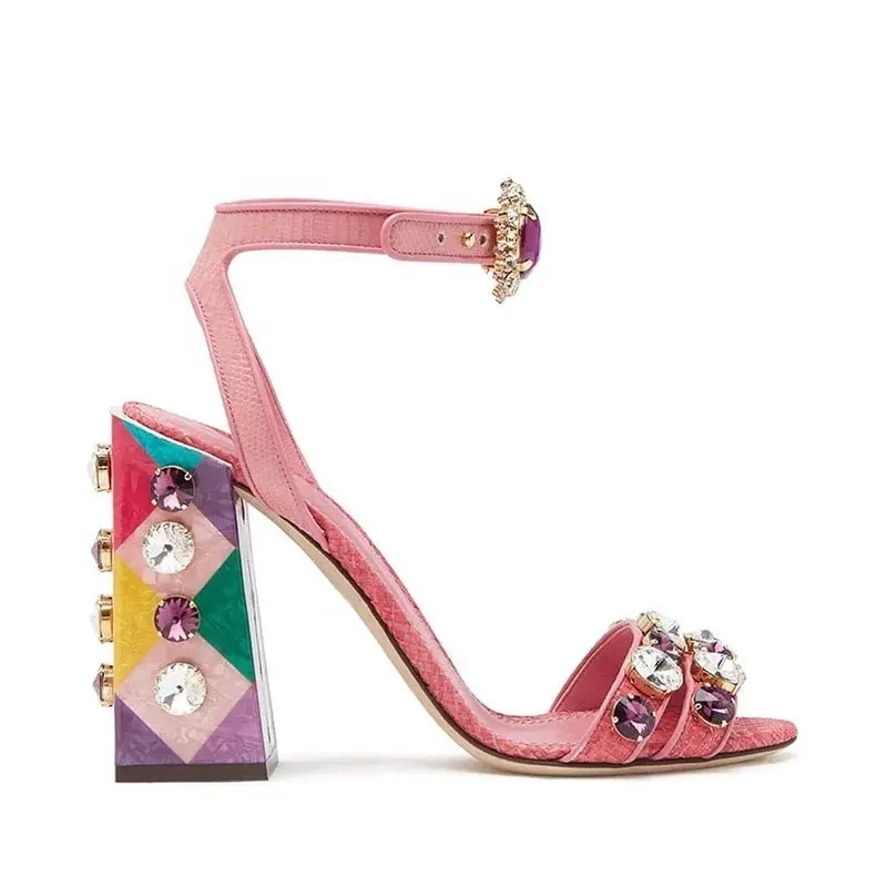 Wholesale Diamond Women Heels 202 Pink Genuine Leather Sandals Block Heels Shoes Luxury Brand
