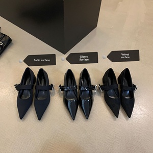 Zapatos de Tacón Alto con Hebilla de Cinturón Estilo Coreano Mary <span class=keywords><strong>Jane</strong></span> para Mujer, Punta Puntiaguda, Primavera 2025, Tacón Medio Grueso, Microfibra Negra con Pedrería - Product Image 2