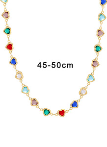 Trendy <b>Boho</b> Style 18K Gold Plated Brass Women's Jewelry Colorful Heart-Shaped Zircon Link Chain <b>Necklace</b> Claw Setting Party - Product Image 2
