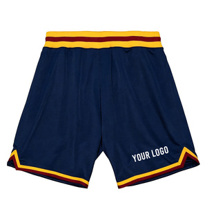 Shorts de basketball pour hommes bleu marine avec bande latérale jaune et rouge, taille élastique, logo sur la jambe droite, décontracté, grande taille, en maille tissée - Product Image 1