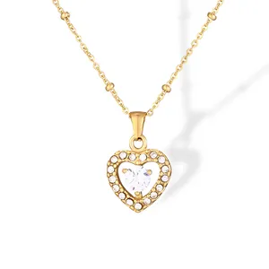 INS hot sale luxury gem heart pendant necklaces jewelry for women dropshipping wholesale stainless steel heart necklace OEM