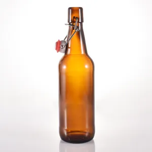 Hot Selling 17Oz Lege Amberkleurige Glazen Fles 500Ml Met Roestvrijstalen Drukknoopdeksel Voor Gefermenteerde Vruchtensapdrank