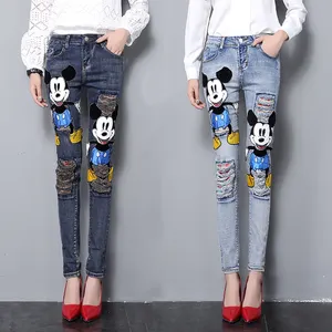 Pantalones vaqueros rasgados de estilo coreano para mujer, vaqueros de cintura alta con dibujos animados