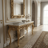Ensemble de coiffeuse de luxe en bois et marbre doré de style français pour suite nuptiale de complexe hôtelier |   Miroir de courtoisie pliable sur mesure |   FF&E commercial OEM