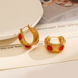 Hoop <b>Earrings</b> <b>Red</b> Agate Gold Plated Stainless Steel Party Jewelry Bohemian Style Geometric Design - Product Image 1