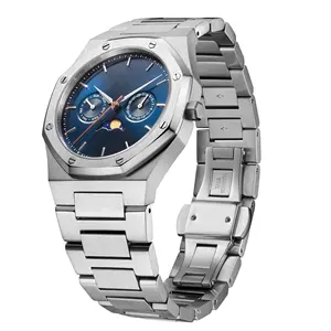 Custom logo 5ATM waterproof stainless steel INTERCHANGEABLE Band Minimalist sunray dial Moon phase Men quartz chronograph watch