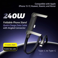 Cable de Carga Rápida de 240W con Trenzado de Nailon, Soporte para Teléfono, Codo de 90°, Rotación de 360°, Multiángulo, Tipo-C para Juegos en iPhone