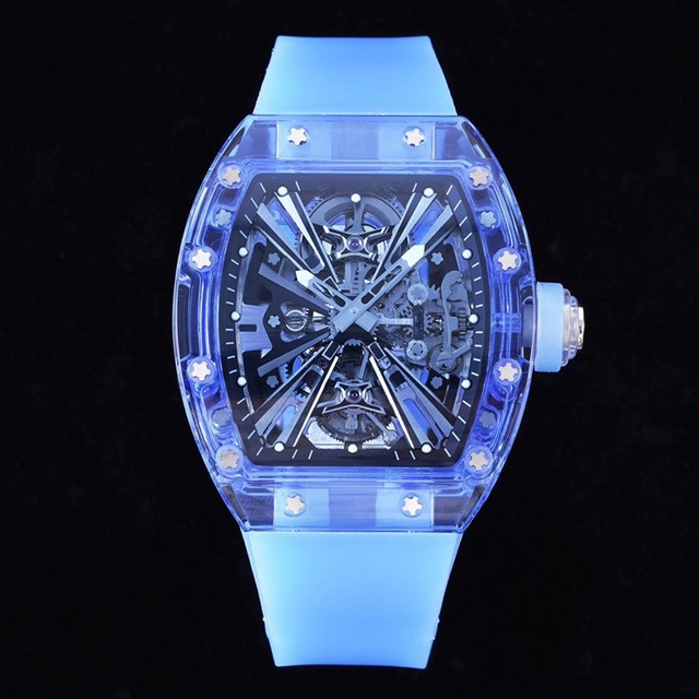 Luxury Blue Transparent Crystal Automatic Mechanical Watch 1201 Hollow Movement Sapphire Crystal Mirror Men's Fashion Watch