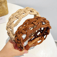 Creative cuir tresse tissé à la main bandeau personnalité large bord bandeau coréen doux mode couleur unie creux cheveux paquet
