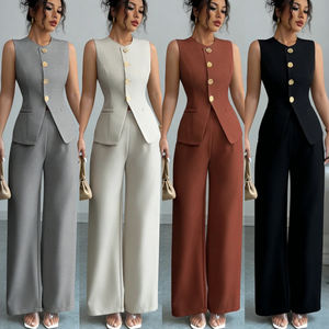 Ensemble 2 pièces décontracté pour <span class=keywords><strong>femme</strong></span>, tailles S-3XL, couleur unie, style professionnel, col en V, débardeur et pantalon, 100 % polyester, respirant et séchage rapide - Product Image 1