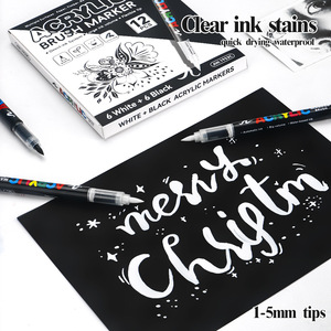 Ensemble de 12 marqueurs pinceaux acryliques <span class=keywords><strong>noir</strong></span> <span class=keywords><strong>et</strong></span> <span class=keywords><strong>blanc</strong></span>, pointe souple de 1 à 5 mm, encre directe <span class=keywords><strong>et</strong></span> grande capacité - Product Image 3