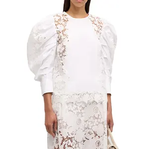 New Fashion Women Custom Long Puff Draped Sleeves Blouse Lace Gardenia Guipure Cotton White Top For Ladies