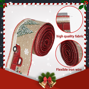 LINGKAI Poinsettia Truck Candy Cane Print Burlap <b>Wired</b> Christmas <b>Ribbon</b> <b>Ribbon</b> for Bow Wreath Gift Wrap Supplier - Product Image 3