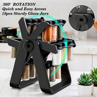 360 °   Support de rangement de cuisine rotatif noir pour épices, 18 bocaux, carrousel à épices rotatif avec bocaux en verre, couvercles à secouer, étiquettes