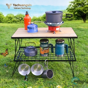 Modern Bamboo Folding <b>Table</b> With Metal Legs And Mesh Shelf For Camping Outdoor Use - Product Image 5