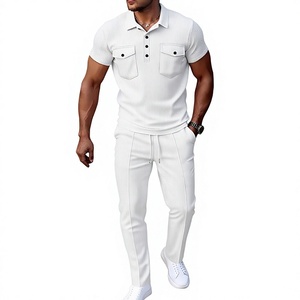 Ensemble polo et pantalon pour homme en polyester/coton blanc, tricoté, couleur unie, respirant, tenue d'été décontractée, ensemble deux pièces - Product Image 1