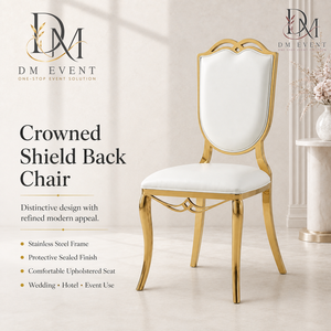 Silla de Boda de Acero Inoxidable Dorado con Respaldo de Panel Adornado y Cojín Blanco para Eventos de Banquetes y Hoteles - Asientos al por Mayor - Product Image 1