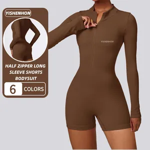 YISHENHON Seamless Nylon Spandex Womens Activewear Fitness One Piece Short Long Sleeve Yoga Jumpsuit Gym Body Suits For Women