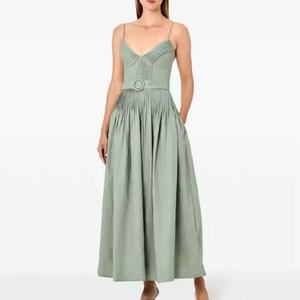 Robe midi trapèze vert menthe personnalisée, élégante, bohème, décontractée, avec ceinture, 100 % lin, sans manches, pour printemps, été, automne - Product Image 4