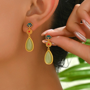 Chinese Style Geometric Drop <b>Earrings</b> With Auspicious Patterns Bezel Setting Stainless Steel Ear <b>Posts</b> EH4868 - Product Image 1