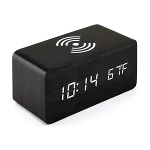 15cm Length Intelligent Household Wooden Alarm Clock with Wireless Charger