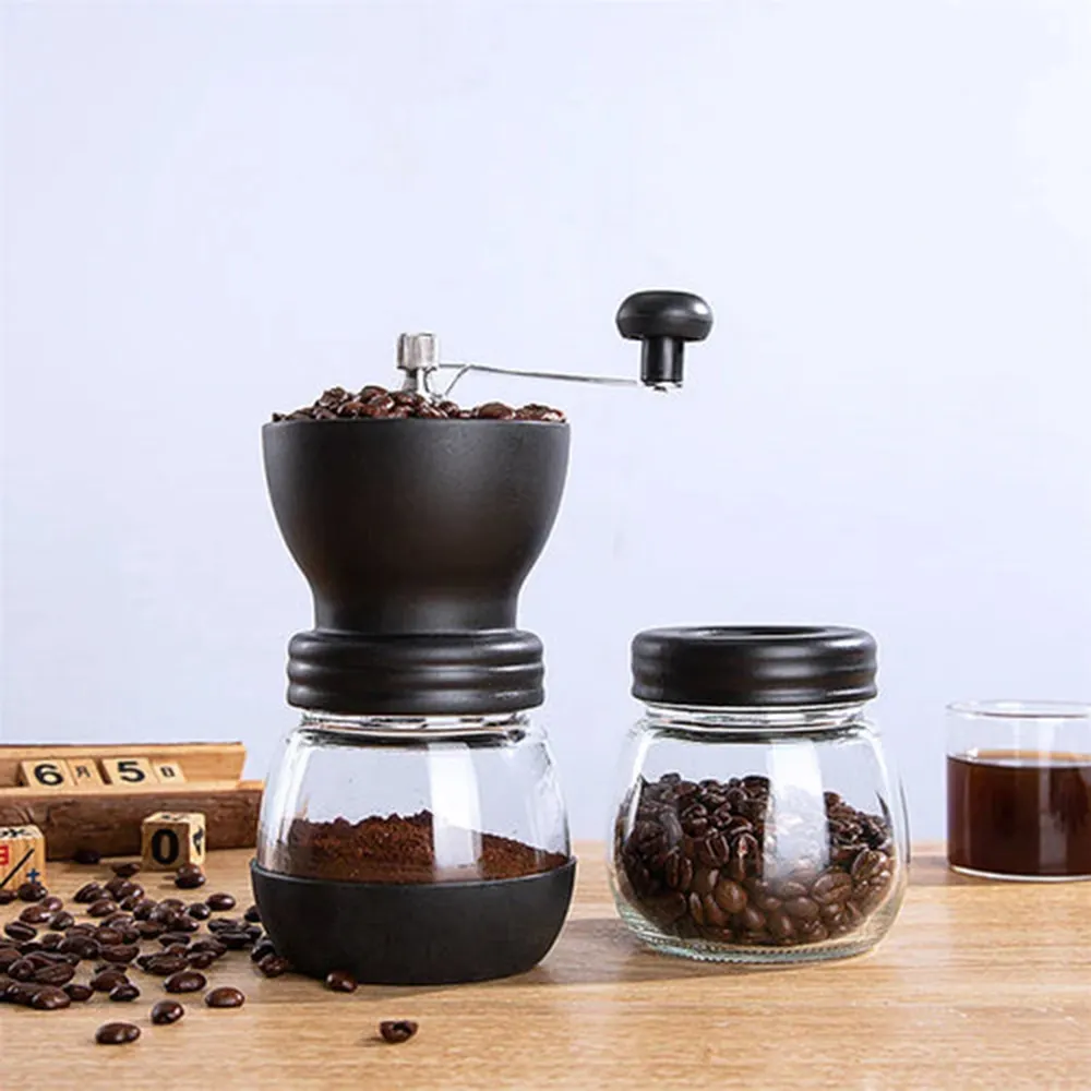 Moulin à café manuel en céramique noire portable pour cuisine et table avec bocaux à double paroi