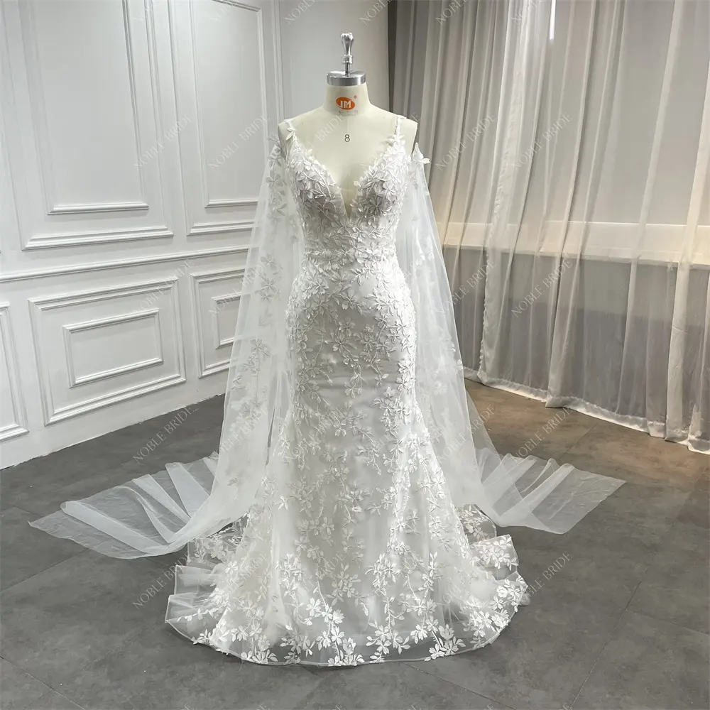 Women Mermaid 3D flowers Lace Straps Detachable Wings Factory Wholesale Wedding Dress