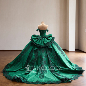 Rsm261126 Stunning off Shoulder Sweetheart Lace Applique Bow Vintage Chiffon Emerald Ball Gown <b>Quinceanera</b> <b>Dress</b> Prom for - Product Image 5